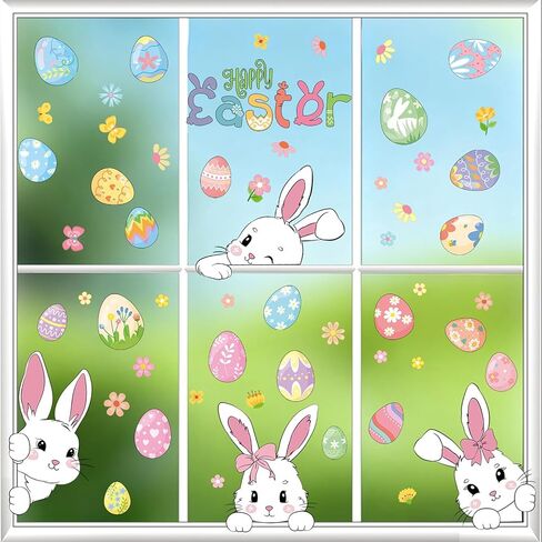 6 Sheets Easter Window Clings, Cute Bunny Window Stickers, Sping Glass Decorations, Spring Flower Easter Eggs Bunny Stickers, Double Sided Static Window Decals for Home Office School Shop Decor in Saudi Arabia