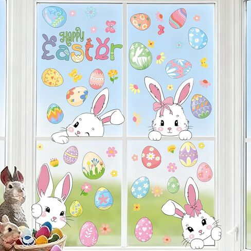 6 Sheets Easter Window Clings, Cute Bunny Window Stickers, Sping Glass Decorations, Spring Flower Easter Eggs Bunny Stickers, Double Sided Static Window Decals for Home Office School Shop Decor in Saudi Arabia