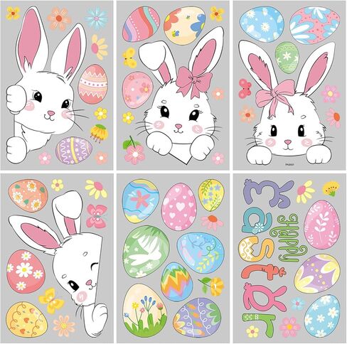 6 Sheets Easter Window Clings, Cute Bunny Window Stickers, Sping Glass Decorations, Spring Flower Easter Eggs Bunny Stickers, Double Sided Static Window Decals for Home Office School Shop Decor in Saudi Arabia