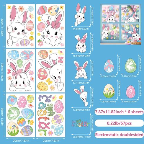 6 Sheets Easter Window Clings, Cute Bunny Window Stickers, Sping Glass Decorations, Spring Flower Easter Eggs Bunny Stickers, Double Sided Static Window Decals for Home Office School Shop Decor in Saudi Arabia