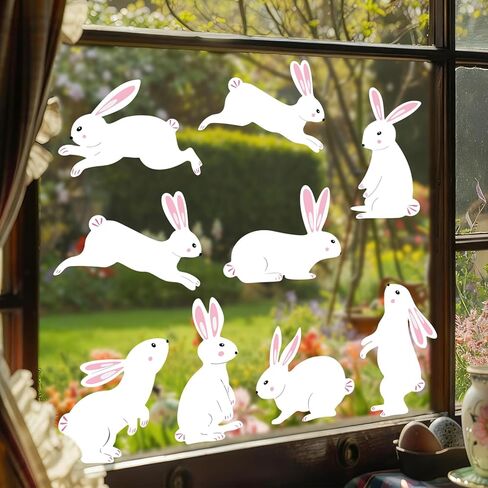 Whaline 9 Sheets Easter Bunny Window Cling Stickers Window Decals Cartoon White Jumping Rabbit Reusable Decoration for Spring Party Home Classroom in Saudi Arabia
