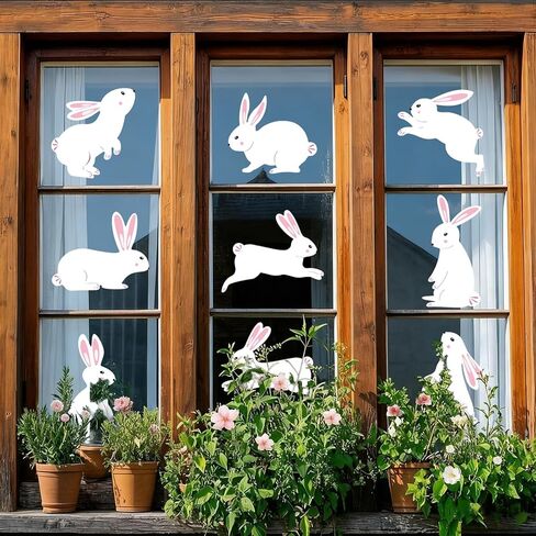 Whaline 9 Sheets Easter Bunny Window Cling Stickers Window Decals Cartoon White Jumping Rabbit Reusable Decoration for Spring Party Home Classroom in Saudi Arabia