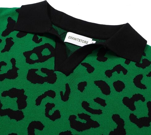 OXKNIT قمصان بولو رجالية ريترو 1960s Mod Style Vintage قمصان محبوكة قمصان بولو على شكل حرف V قميص ليوبارد in Kuwait