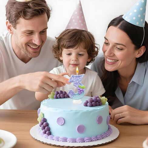 شموع عيد الميلاد رقم 3 باللون الأرجواني من Sesine مع طبقة علوية للكيك باللونين الأزرق والعنب، وموضوع الفاكهة لديكورات عيد الميلاد الثالث (رقم 3) in Kuwait
