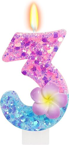 FAMGift Shiny Frangipani Birthday Candles - Pink Blue Gradient Number 3 Candle for Flower Cake Decorations, Hawaii Birthday Decorations for Girls in Kuwait