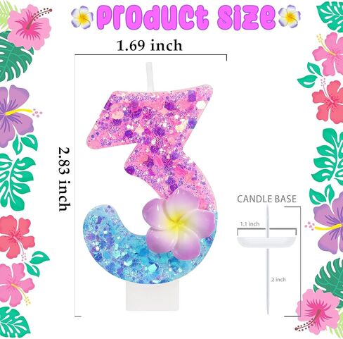 FAMGift Shiny Frangipani Birthday Candles - Pink Blue Gradient Number 3 Candle for Flower Cake Decorations, Hawaii Birthday Decorations for Girls in Kuwait