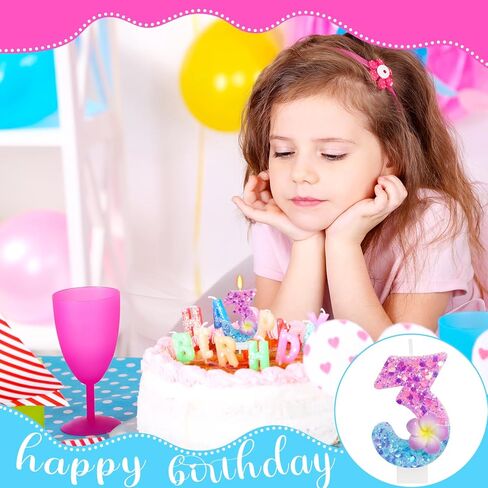 FAMGift Shiny Frangipani Birthday Candles - Pink Blue Gradient Number 3 Candle for Flower Cake Decorations, Hawaii Birthday Decorations for Girls in Kuwait