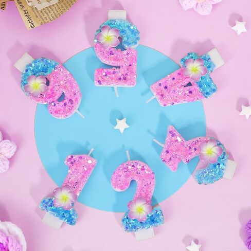 FAMGift Shiny Frangipani Birthday Candles - Pink Blue Gradient Number 3 Candle for Flower Cake Decorations, Hawaii Birthday Decorations for Girls in Kuwait