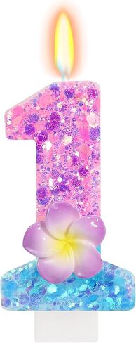 FAMGift Shiny Frangipani Birthday Candles - Pink Blue Gradient Number 3 Candle for Flower Cake Decorations, Hawaii Birthday Decorations for Girls in Kuwait