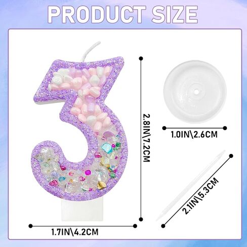 Zlongron Magical Purple Number 3 Candle Topper, Pastel Iridescent Gemstone & Pearl Cake Decoration for Girls 3nd Birthday in Saudi Arabia