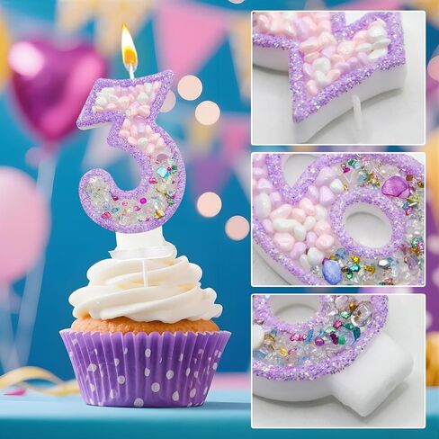 Zlongron Magical Purple Number 3 Candle Topper, Pastel Iridescent Gemstone & Pearl Cake Decoration for Girls 3nd Birthday in Saudi Arabia