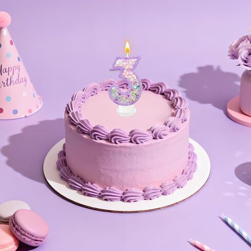 Zlongron Magical Purple Number 3 Candle Topper, Pastel Iridescent Gemstone & Pearl Cake Decoration for Girls 3nd Birthday in Saudi Arabia