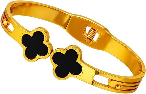 18K Gold Plated Lucky Clover Bangle Bracelet, Black Enamel Hinged Cuff, Jewelry Gift for Her on Birthdays, Annivesery in Saudi Arabia