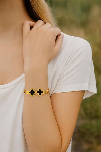 18K Gold Plated Lucky Clover Bangle Bracelet, Black Enamel Hinged Cuff, Jewelry Gift for Her on Birthdays, Annivesery in Saudi Arabia