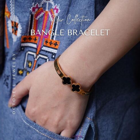 18K Gold Plated Lucky Clover Bangle Bracelet, Black Enamel Hinged Cuff, Jewelry Gift for Her on Birthdays, Annivesery in Saudi Arabia