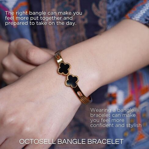 18K Gold Plated Lucky Clover Bangle Bracelet, Black Enamel Hinged Cuff, Jewelry Gift for Her on Birthdays, Annivesery in Saudi Arabia