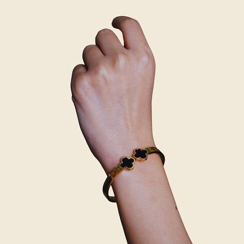 18K Gold Plated Lucky Clover Bangle Bracelet, Black Enamel Hinged Cuff, Jewelry Gift for Her on Birthdays, Annivesery in Saudi Arabia