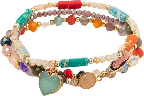 Luxury Heart Charm Crystal Beaded Bracelets Set, 3pcs Boho Stacking Bracelets with Colorful Gemstones & Natural Healing Stones | Stackable Colorful Gemstone Bracelets for Women for Daily Wear & Gifts in Saudi Arabia