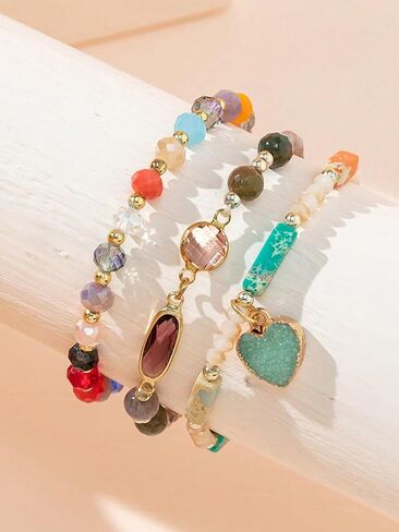 Luxury Heart Charm Crystal Beaded Bracelets Set, 3pcs Boho Stacking Bracelets with Colorful Gemstones & Natural Healing Stones | Stackable Colorful Gemstone Bracelets for Women for Daily Wear & Gifts in Saudi Arabia