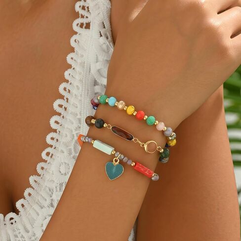 Luxury Heart Charm Crystal Beaded Bracelets Set, 3pcs Boho Stacking Bracelets with Colorful Gemstones & Natural Healing Stones | Stackable Colorful Gemstone Bracelets for Women for Daily Wear & Gifts in Saudi Arabia