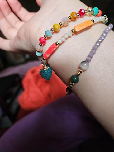Luxury Heart Charm Crystal Beaded Bracelets Set, 3pcs Boho Stacking Bracelets with Colorful Gemstones & Natural Healing Stones | Stackable Colorful Gemstone Bracelets for Women for Daily Wear & Gifts in Saudi Arabia