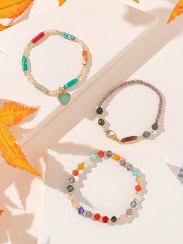 Luxury Heart Charm Crystal Beaded Bracelets Set, 3pcs Boho Stacking Bracelets with Colorful Gemstones & Natural Healing Stones | Stackable Colorful Gemstone Bracelets for Women for Daily Wear & Gifts in Saudi Arabia