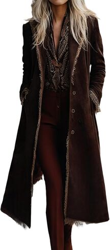 utcoco Women's Long Suede Trench Coat, Retro Western Coat with Tassel, Classic Lapel Windproof Trench Overcoat in Saudi Arabia