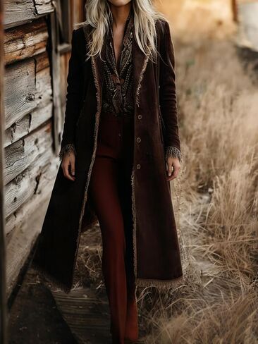 utcoco Women's Long Suede Trench Coat, Retro Western Coat with Tassel, Classic Lapel Windproof Trench Overcoat in Saudi Arabia