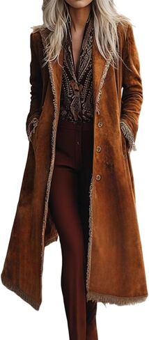 utcoco Women's Long Suede Trench Coat, Retro Western Coat with Tassel, Classic Lapel Windproof Trench Overcoat in Saudi Arabia