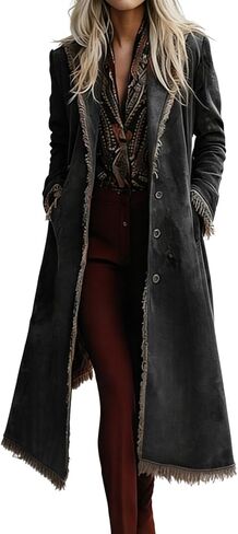 utcoco Women's Long Suede Trench Coat, Retro Western Coat with Tassel, Classic Lapel Windproof Trench Overcoat in Saudi Arabia