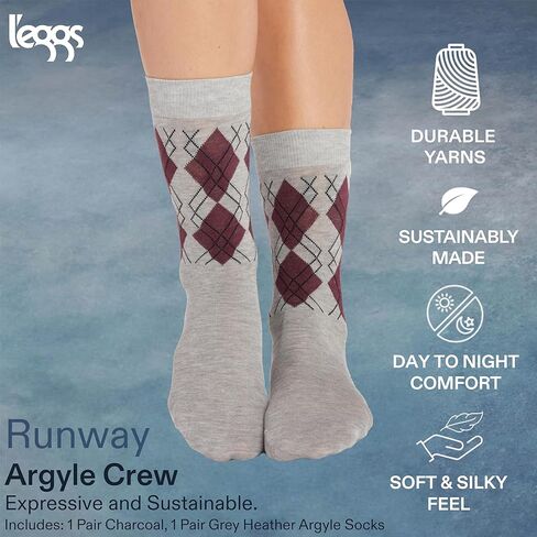 جوارب L'eggs Runway النسائية الأنيقة Argyle Crew | مسامي، مريح وقابل للتمدد، لا يوجد شريط ربط | مقاس واحد | 2 حزمة in Kuwait