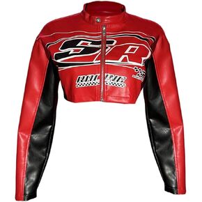 GORGLITTER Women's PU Leather Cropped Jacket F1 Racer Varsity Jacket Zip Up Color Block Graphic Motorcycle Biker Coats in Saudi Arabia