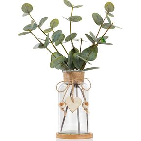 ينبع نبات الأوكالبتوس الأخضر الاصطناعي في مزهرية زجاجية، 15 بوصة جانب مزدوج نباتات وهمية ثلاثية الأبعاد أوراق الأوكالبتوس نباتات خضراء صناعية لتزيين الطاولة المركزية ديكور غرفة المنزل ديكور مكتب مكتب ديكور أخضر (أسود) in Kuwait