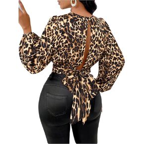 GORGLITTER Women's Leopard Print Crop Blouse Bow Lantern Sleeve Tie Open Back Cheetah Shirts in Saudi Arabia
