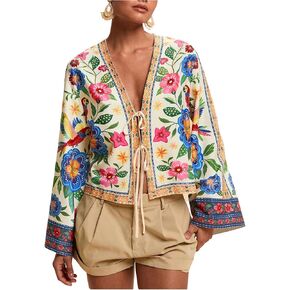 بلوزات RoseSeek النسائية Boho Floral للعطلات ورباط عنق على شكل حرف V وأكمام طويلة وقمصان الشاطئ سترة استوائية in Kuwait