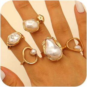 UANXLL Stackable Chunky Gold Baroque Pearl Open Ring, Trendy Punk Irregular Silver Pearls Knuckle Rings for Women Stacking Dainty Party Finger Jewelry Gift Set in Kuwait