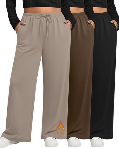 مجموعة من 3 سراويل نسائية من الصوف بمقاس كبير من JoyMotion، سراويل رياضية فضفاضة ذات أرجل واسعة ورباط وخصر عالٍ مع جيوب in Kuwait