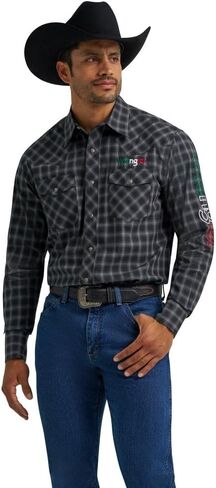 Wrangler Men's Black Plaid Western Logo Snap Shirt in Saudi Arabia