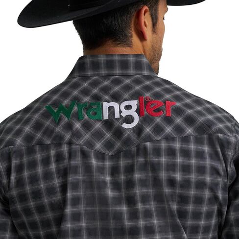 Wrangler Men's Black Plaid Western Logo Snap Shirt in Saudi Arabia