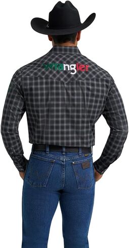 Wrangler Men's Black Plaid Western Logo Snap Shirt in Saudi Arabia