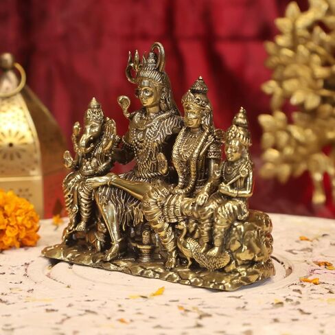 Premium Brass Shiv Parivar Statue, 13 CM Brass Shiva Family with mata parvati, ganesha, kartikeya and nandi, shivling , Shiv Family Idol, Shiva Parvati Moorthy, Shiva Shakti for Home Temple Pooja Idol in Saudi Arabia