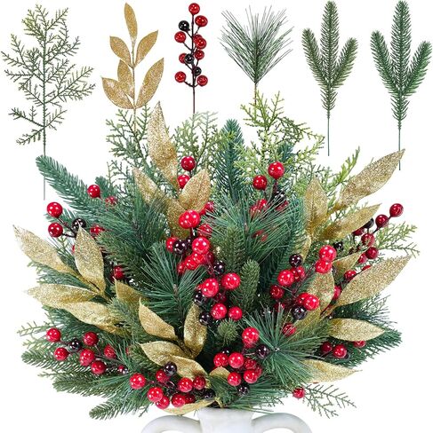 Winlyn 70 Pcs Assorted Christmas Greenery Stems Artificial Pine Branches Evergreen Cedar Picks Red Berry Stems Pine Needles Glitter Leaf Sprays 5.9"-12.7" for Holiday Trees Floral Arrangements Wreaths in Saudi Arabia