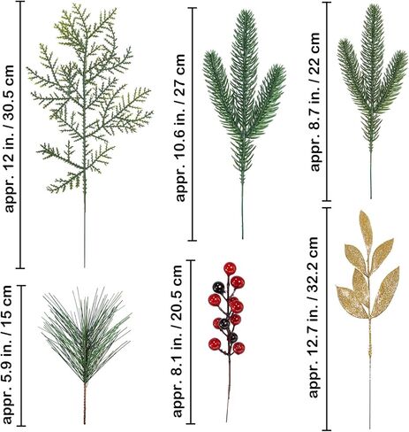 Winlyn 70 Pcs Assorted Christmas Greenery Stems Artificial Pine Branches Evergreen Cedar Picks Red Berry Stems Pine Needles Glitter Leaf Sprays 5.9"-12.7" for Holiday Trees Floral Arrangements Wreaths in Saudi Arabia