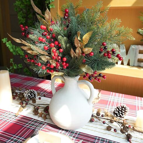 Winlyn 70 Pcs Assorted Christmas Greenery Stems Artificial Pine Branches Evergreen Cedar Picks Red Berry Stems Pine Needles Glitter Leaf Sprays 5.9"-12.7" for Holiday Trees Floral Arrangements Wreaths in Saudi Arabia
