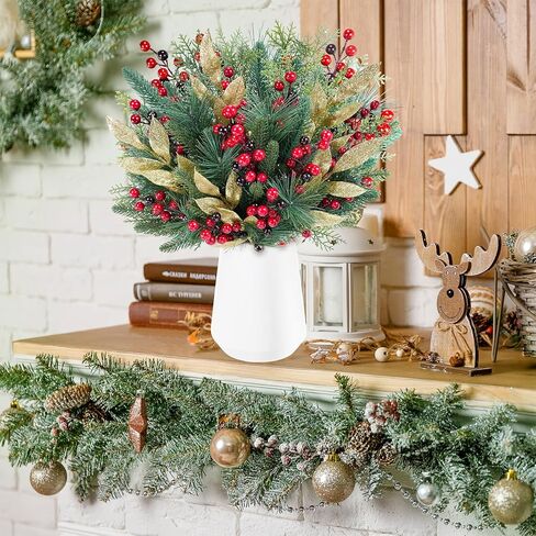 Winlyn 70 Pcs Assorted Christmas Greenery Stems Artificial Pine Branches Evergreen Cedar Picks Red Berry Stems Pine Needles Glitter Leaf Sprays 5.9"-12.7" for Holiday Trees Floral Arrangements Wreaths in Saudi Arabia