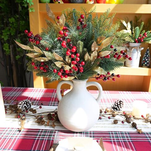 Winlyn 70 Pcs Assorted Christmas Greenery Stems Artificial Pine Branches Evergreen Cedar Picks Red Berry Stems Pine Needles Glitter Leaf Sprays 5.9"-12.7" for Holiday Trees Floral Arrangements Wreaths in Saudi Arabia
