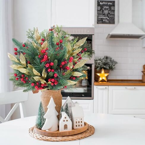 Winlyn 70 Pcs Assorted Christmas Greenery Stems Artificial Pine Branches Evergreen Cedar Picks Red Berry Stems Pine Needles Glitter Leaf Sprays 5.9"-12.7" for Holiday Trees Floral Arrangements Wreaths in Saudi Arabia