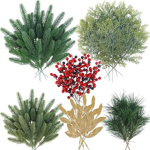Winlyn 70 Pcs Assorted Christmas Greenery Stems Artificial Pine Branches Evergreen Cedar Picks Red Berry Stems Pine Needles Glitter Leaf Sprays 5.9"-12.7" for Holiday Trees Floral Arrangements Wreaths in Saudi Arabia