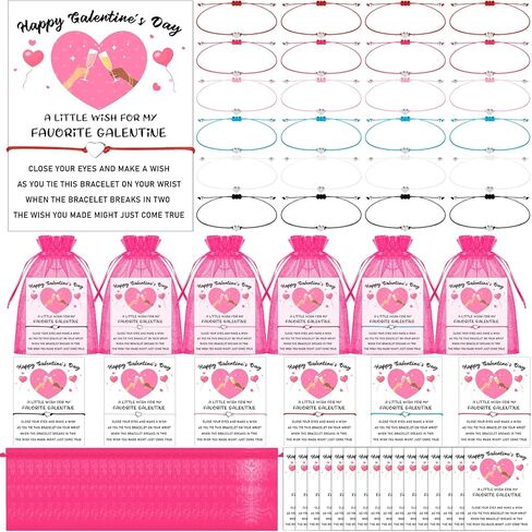 Youdaju 24 Pcs Galentine's Day Wish Bracelets Valentine's Day Gift Adjustable Bracelets with Wish Cards & Organza Bags in Kuwait