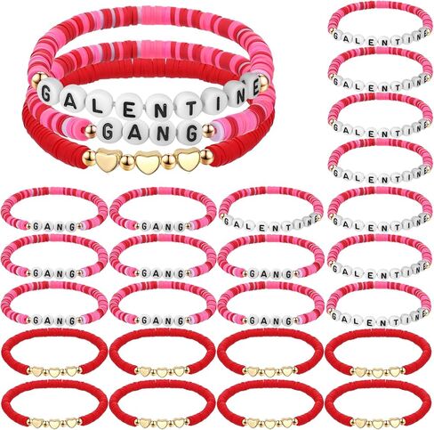 Tondiamo 24 Pcs Galentines Day Bracelets Polymer Clay Beaded Stretch Valentine's Day Bracelets Letter Red Pink Galentine Jewelry for Women Valentine Galentines Party Favors in Saudi Arabia